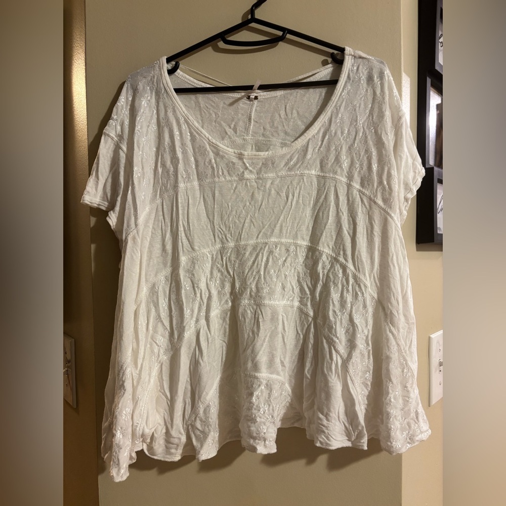 Free People White Flowy Short Sleeve Tee